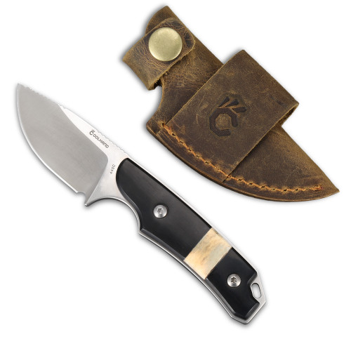 Cool Hand Full Tang Compact Survival Hunting Knife, Leather Belt Loop Sheath with Buckle, Outdoors Fixed Drop Poin Blade, Buffalo Horn Handle 