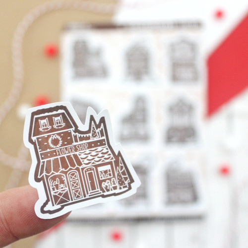Gingerbread Shops Stickers - Illustrated Christmas Sticker Sheet