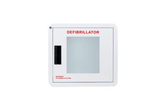 Premium large defibrillator wall cabinet with rounded corners, window and alarm; measures 16"L x 14 5/8"H x 8 3/8"W. Weight: 10 lbs.