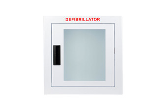 Semi Recessed large, non-alarmed defibrillator wall cabinet with window; inside tub measures 15"L x 14"H x 7 1/4"D; outside frame measures 17"L x 16"H x 3/8"D. Rough wall opening size: 16"L x 15"H x 6 1/2"D.  Weight: 13.5 lbs.