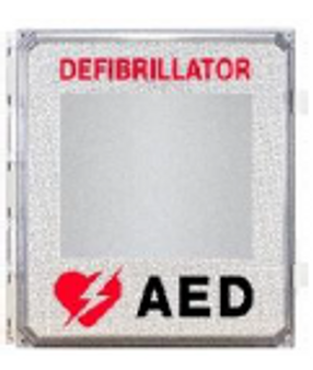 Outdoor, alarmed defibrillator wall cabinet, fully gasketed in a NEMA 4X breather fiberglass enclosure with stainless steel snap latch; measures 15 1/4"L x 16 5/8"H x 9 1/4"D. Weight: 11 lbs.