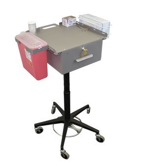 Our Phlebotomy Cart comes with all the amenities of a much more expensive competitor. It is height adjustable (from 36” to 46”). It has a large drawer for supplies. The drawer is available with a flat key lock, thumb latch or electronic lock. The innovative surface smoothly slides back to expose the contents of the drawer. The cart also includes a single glove box holder as well as adjustable brackets to holder numerous sized sharps containers (sharps container not included). The surface and drawer are fabricated from 1/8” painted aluminum. The painted aluminum will withstand years of abuse and disinfectants.

    Outside dimensions of work surface 15 9/16” W x 17” D x 1” H
    Inside dimensions of work surface 15 5/16” W x 15 3/8” D
    Height of work-surface adjusts from 36” to 46”
    Built in handle on back and front of unit for easy transport
    350340 is sold with a flat key lock which includes 3 keys. Multiple units will be keyed with the same lock number
    350340D is sold with a flat key lock which includes 3 keys. Multiple units will be keyed with different lock numbers
    350340T is sold with a thumb latch. The thumb latch does not lock and only requires a simple turn of the latch to open and close
    Single wire glove box holder
    Adjustable straps to hold most sharps containers
    Sturdy 5 leg base with 3” casters
    Sold with flat key lock which includes 3 keys (350340) or with thumb latch (350340T)
    1 Year Warranty
