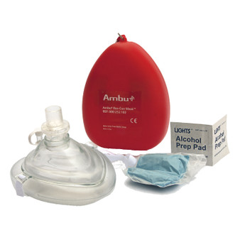 CPR Mask packaged with O2 Inlet, Headstrap, Gloves, and Wipes