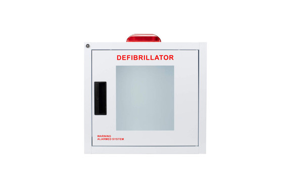 Basic large defibrillator wall cabinet with window, alarm and strobe; measures 16"L x 14 5/8"H x 8 3/8"W. Weight: 10 lbs.