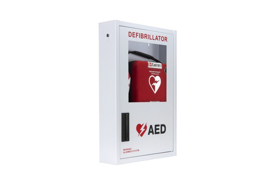 Basic large, American Disabilities Act compliant, defibrillator wall cabinet with view window, alarm, and display shelf; measures 14 1/2"L x 21 1/2"H x   3 9/10"W.  Weight: 10 lbs.
