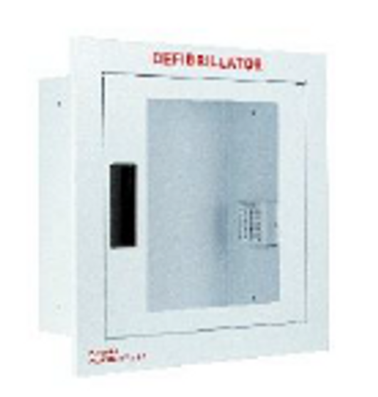 Fully Recessed large, non-alarmed defibrillator wall cabinet with window; inside tub measures 15"L x 14"H x 7 1/4"D; outside frame measures 17"L x 16"H x 3/8"D. Rough wall opening size: 16"L x 15"H x 6 1/2"D.  Weight: 11 lbs.