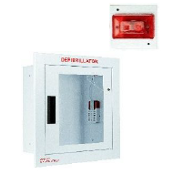 Fully Recessed large defibrillator wall cabinet with window, alarm, and strobe; inside tub measures 15"L x 14"H x 7 1/4"D; outside frame measures 17"L x 16"H x 3/8"D. Rough wall opening size: 16"L x 15"H x 6 1/2"D.  Weight: 11 lbs.