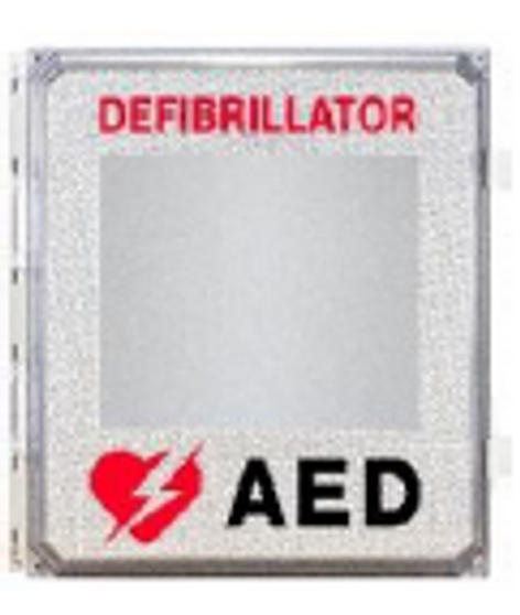 Outdoor, alarmed defibrillator wall cabinet, fully gasketed in a NEMA 4X breather fiberglass enclosure with stainless steel snap latch; measures 15 1/4"L x 16 5/8"H x 9 1/4"D. Weight: 11 lbs.