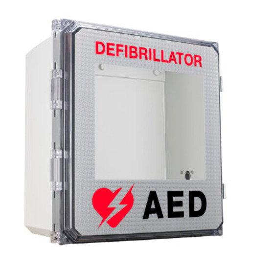 Outdoor, alarmed w/touch keypad defibrillator wall cabinet, fully gasketed in a NEMA 4X breather fiberglass enclosure with stainless steel snap latch; measures 15 1/4"L x 16 5/8"H x 9 1/4"D. Weight: 11 lbs.