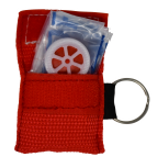 One-color premium quality CPR keychain pocket mask. Contains (1) CPR barrier mask and (1) pair of nitrile gloves. Minimum order quantity 100 units.