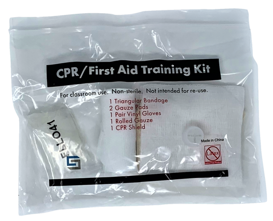 Includes training CPR Mask, 2 Gauze Pads, 1 Triangular Bandage, 1 pair Vinyl Gloves, 1 Rolled Gauze, in plastic packaging.  Ideal for disbursement to CPR/First Aid Students.  Minimum order quantity: 200 units