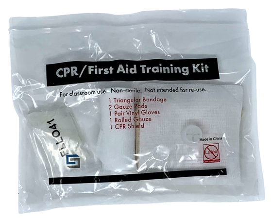 Includes 2 Gauze Pads, 1 Triangular Bandage, 1 pair Vinyl Gloves, 1 Rolled Gauze (CPR Mask not included), in plastic packaging.  Ideal for disbursement to CPR/First Aid Students. Minimum order quantity: 200 units