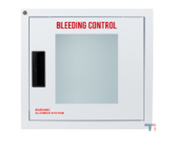 Basic large bleeding control wall cabinet with window and alarm; measures 16"L x 18 5/8"H x 9 1/4"W. Weight: 10 lbs. Designed for use with Bleeding Control Tote (BC-Tote).