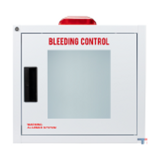 Basic large bleeding control wall cabinet with window, alarm and strobe; measures 16"L x 18 5/8"H x 9 1/4"W. Weight: 10 lbs. Designed for use with Bleeding Control Tote (BC-Tote).