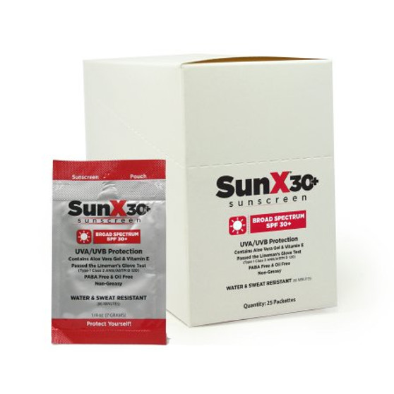 Sunscreen with Dispenser Box SunX 30+ SPF 30 Lotion Individual Packet, BX/25