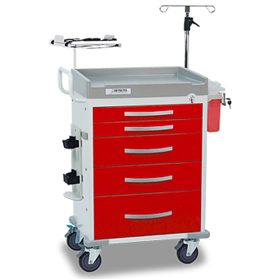 Loaded DETECTO Rescue Series ER Medical Cart, 5 Red Drawers