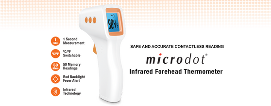 Contactless Reading Infrared Forehead Thermometer

    Multi Infrared Sensor
    The infrared sensor is combined with a chrome arched reflector. This design provides more accurate and stable test results.
     

    No Environmental Temperture Interferenece
    The microdot® Thermometer gives accurate results in both low (50.0°F) and high (104.0°F) environmental tempertures.
     
    LCD with 3-color backlight
    Blue: <99.5°F | Purple: 99.5°F to 101.1°F | Red: 101.1°F​