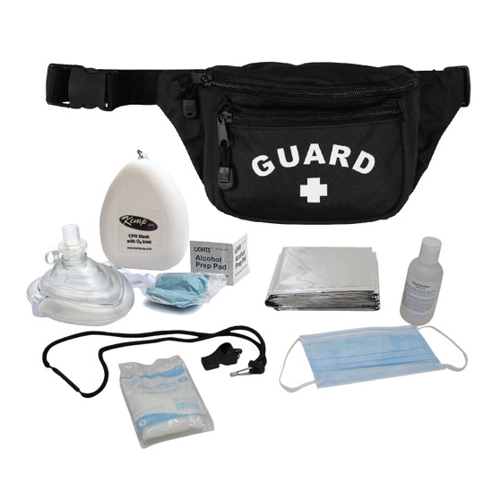 Hip Pack is made of durable tear-resistant nylon construction. It includes a heavy duty adjustable 45" waist strap and comes filled with a PPE Supply Pack, which includes: (1) CPR Mask, (1) Foil Blanket, (1) Bengal 60 Whistle, (1) Break-a-way Safety Lanyard, (1) Pair Nitrile Gloves, (1) Hand Sanitizer 4oz, (1) Face Mask Disposable