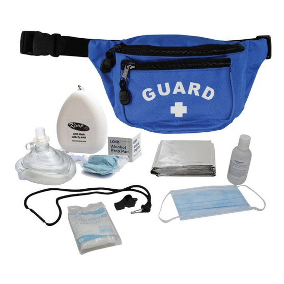 Hip Pack is made of durable tear-resistant nylon construction. It includes a heavy duty adjustable 45" waist strap and comes filled with a PPE Supply Pack, which includes: (1) Kemp USA CPR Mask, (1) Foil Blanket, (1) Bengal 60 Whistle, (1) Break-a-way Safety Lanyard, (1) Pair Nitrile Gloves, (1) Hand Sanitizer 4oz, (1) Face Mask Disposable