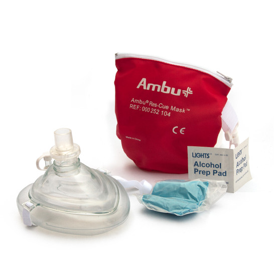 CPR Mask with O2 Inlet, Headstrap, Gloves, and Wipes in Soft Case Pouch