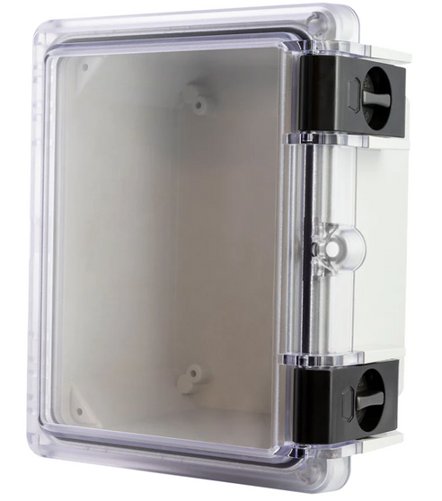 Hinged Lid Cabinet, Clear Front Gray color, 9.7" L x 8.2" W x
5.5" H, waterproof seal