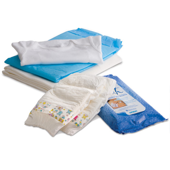 Absorbent pads (2): 17" x 24" fluff-filled with embossed polypropylene backing controls slipping and reduces the risk of leaks, 
Baby wipes: 4 infant-size washcloths for babies, ultra-soft washcloths pre-moistened with fragrance free dermatologist-tested formula proven to be gentle and non-irritating. Can be warmed in microwave. Insulated and resealable container. No water needed.
    Large diapers (2): size 4; fits infants up to 35 lbs.; cloth like outer cover, foam elastic waistband and anti-leak cuffs, polymer to control odors, no-tear tape surface allows refastening    Baby gown: fits infants up to 18 months