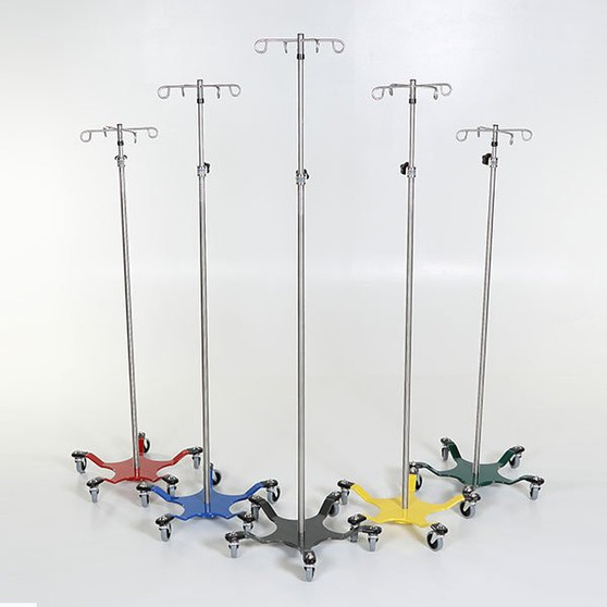 Chrome IV Pole W/Thumb Knob, 2 Hook Top, 5-Leg Spider Base W/3" Casters Base available in 5 different colors. Ideal for departmentalization.