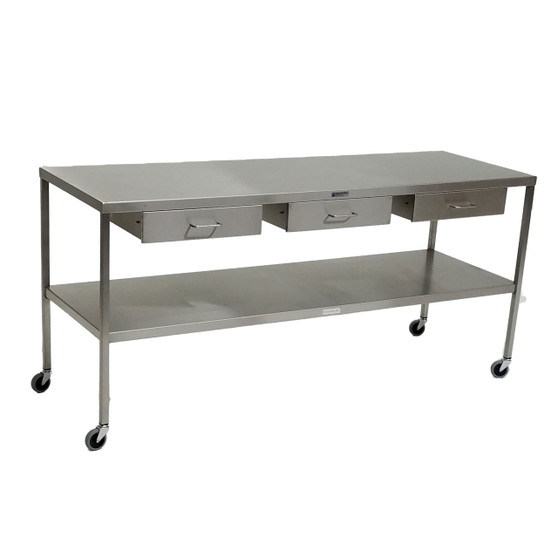 SS Instrument Table with Shelf and Drawers under top 24" W x 48" L x 34" H, 2 drawers