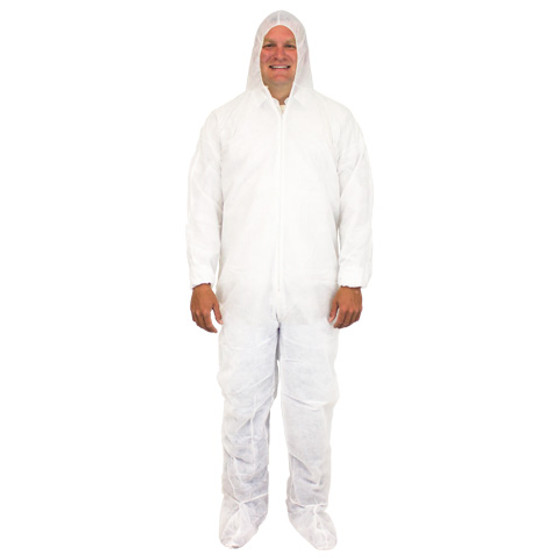 40G Coverall, Polypro, Hood/Boots, Elastic Wrists, White, XL, 25/CS