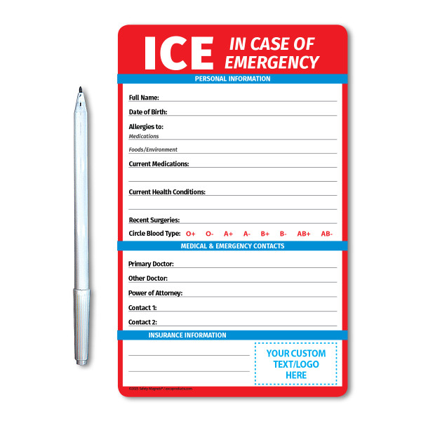 ICE - In Case of Emergency - Mini Quick Reference Cards with Magnet & Marker - 5.25" x 8.5" - (Min.Qty 100)