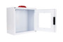 Basic large defibrillator wall cabinet with window, alarm and strobe; measures 16"L x 14 5/8"H x 8 3/8"W. Weight: 10 lbs.