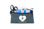 Grey-Includes items typically needed in a cardiac arrest event. The nylon, zippered pouch contains (1) pair of nitrile gloves,  (1) pocket CPR mask, (1) trauma shears, (1) razor, (1) NaCl wet wipe, and (1) dry towelette.