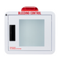 Premium compact bleeding control wall cabinet with rounded corners, window, alarm and strobe; measures 14"L x 11 5/8"H x 6 3/4"W. Weight: 7.5 lbs.