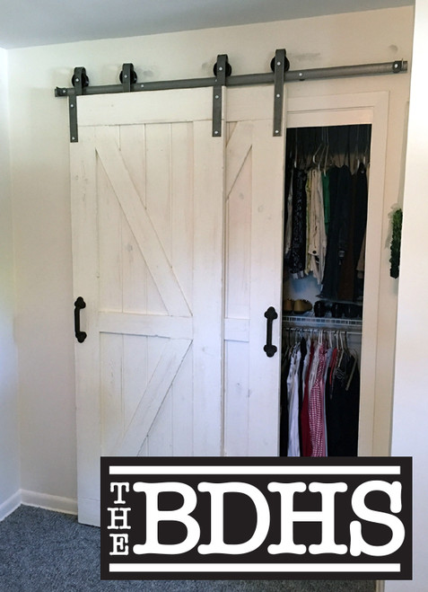 Single Track Double Door By-passing  Sliding Barn Door Hardware System -  shown with two British Brace Doors Distressed & Whitewashed Finish (sold separately)