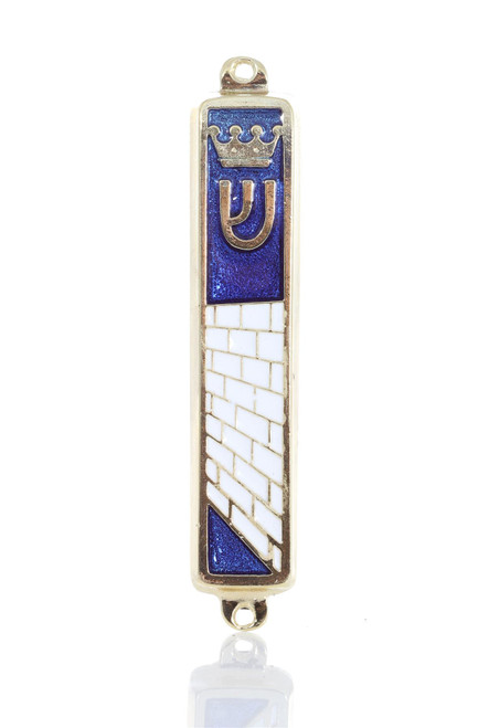 Gold plated Mezuzah Mezuza Blue Case 7cm Judaica Jewish Torah Crown Kotel Design