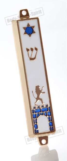 Gold tone Mezuzah Mezuza White Case 7cm Judaica Jewish lion wall gate star Kotel