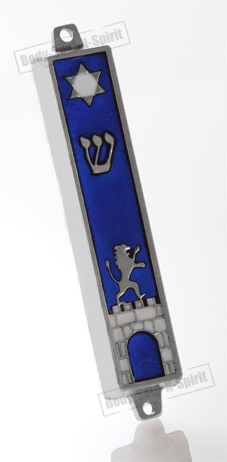 Silver tone Mezuzah Mezuza Blue Case 7cm Judaica Jewish lion wall star Kotel