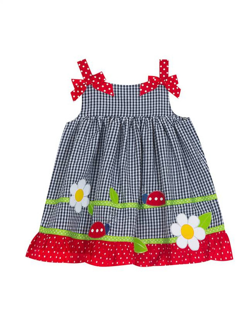 Navy Check Seersucker Ruffle Dress W. Ladybug