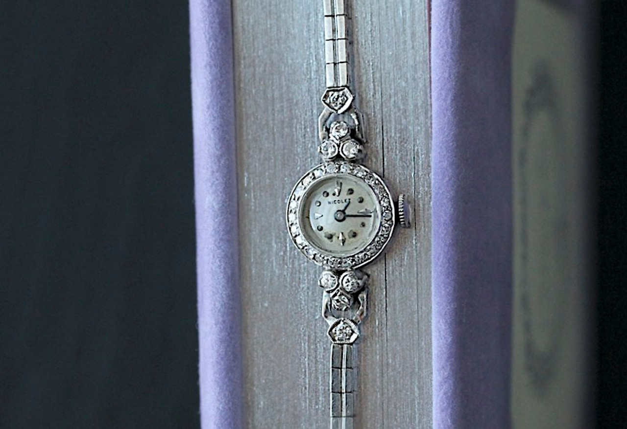 Blue Strap Antique Art Deco Diamond Watch in Platinum