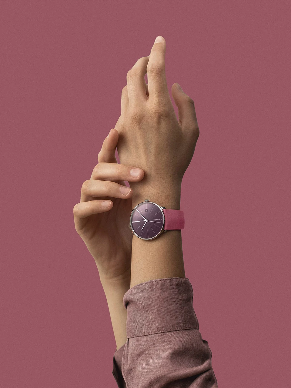 Junghans Meister Fein Automatic 27/4358.00 with blackberry dial and pink leather strap