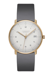 The Junghans Max Bill Automatic Date Gold PVD 27/7806.02 is a men's watch with a gold PVD-coated stainless steel case and a grey leather strap. It has a date display at the 3 o'clock position and a Junghans calibre J800.1 automatic movement. The watch has a 38-hour power reserve and is scratch resistant. It has a convex sapphire crystal with anti-reflective coating and a matt silver-plated dial with a soft grey finish.