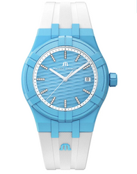 Maurice LaCroix Swiss made watch, 40mm, Light Blue Dial and Case, White rubber strap. Quartz movement. Sold by an Authorized dealer with Manufacturer 5 Year warranty.  Free delivery. 