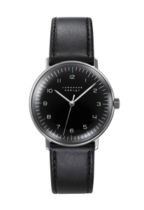 Junghans Max Bill Hand-Winding 27/3702.02 watch with polished black dial and black leather strap