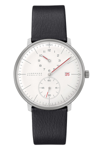Junghans Max Bill Regulator Bauhaus 27/4493.02 automatic watch with white dial and black leather strap