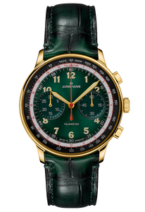 Front view of Junghans Meister Telemeter Ref. 27/5588.02 with green dial and gold PVD bezel Front view of Junghans Meister Telemeter Ref. 27/5588.02 with green dial and gold PVD bezel