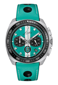 Junghans 1972 Chronoscope Sports Edition 2026 with matt turquoise dial and black double stripe, stainless steel case, and turquoise leather strap with cut-outs.