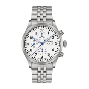 Laco Kiel.2 MB Weiss automatic pilot chronograph with white matte dial and steel bracelet
