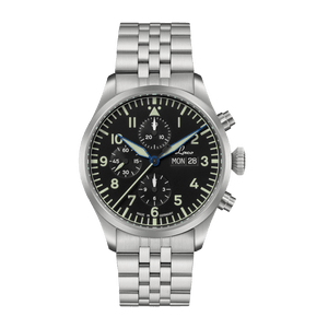 Laco Kiel.2 MB Schwarz automatic pilot chronograph with black dial and steel bracelet