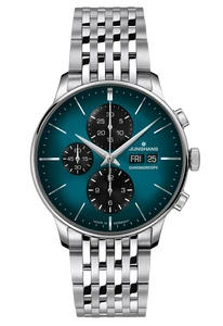 Junghans Meister Chronoscope 27/4622.47 with the petrol blue dial, black recessed subdials, bracelet