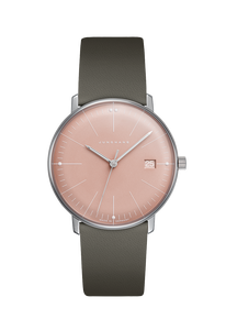 Front view Junghans Max Bill Damen 47/4555.02 rose pink dial watch with brown leather strap
